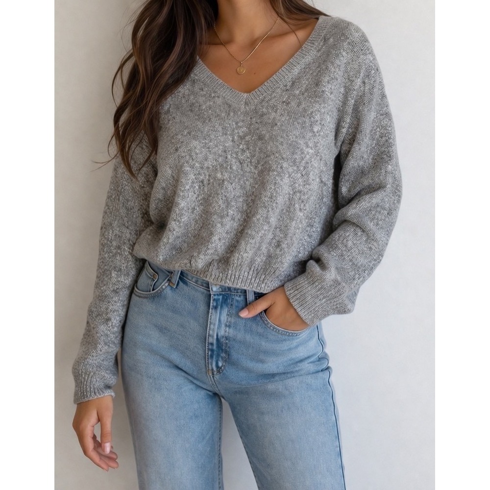 Exclusively Yours Gray Silk/ Angora Blend VNeck Sweater Speckled Knit Pullover|S